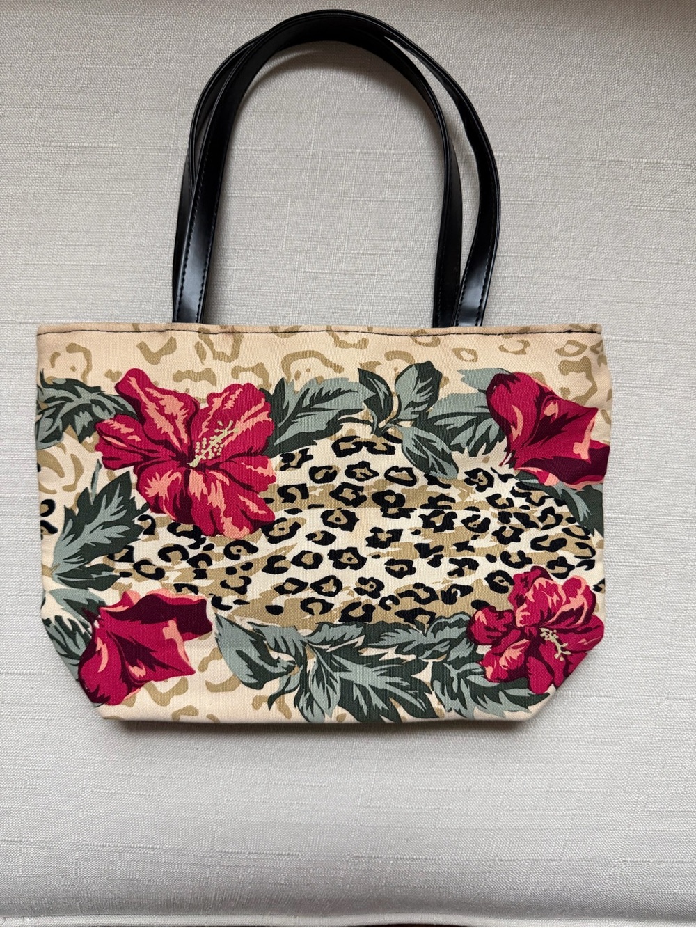 Floral Leopard Print Canvas Tote Bag in Beige and Red
